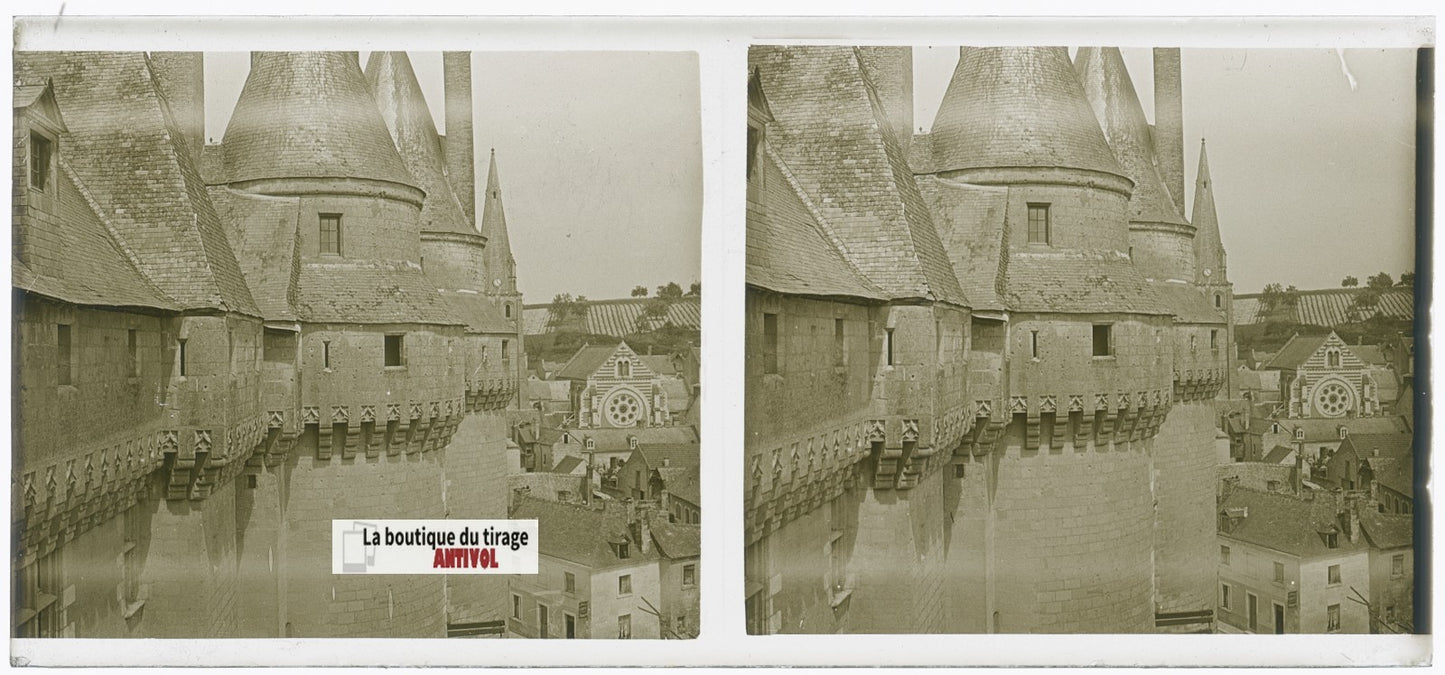 Château de Langeais, plaque verre, photo stéréoscopie, noir & blanc 6x13 cm