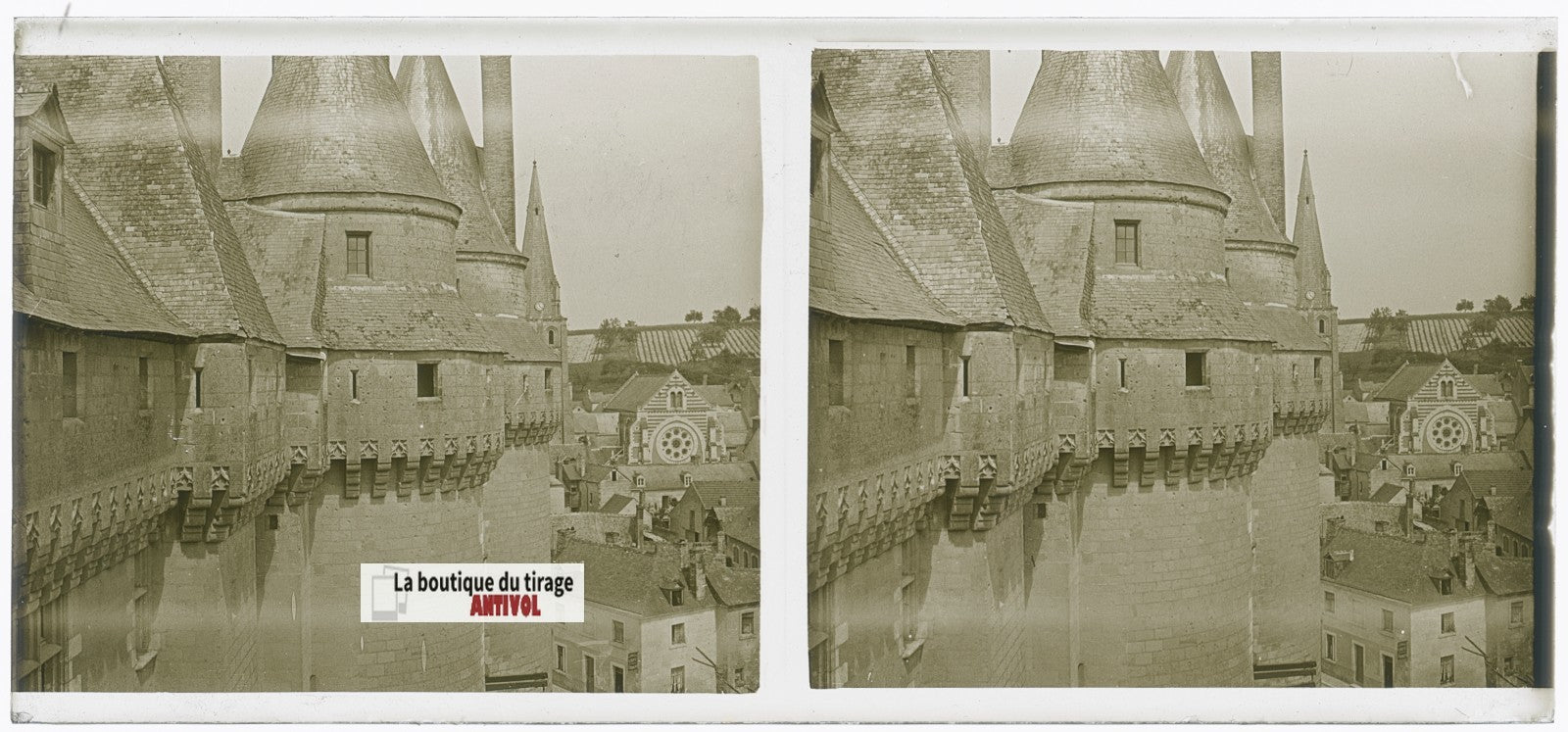 Château de Langeais, plaque verre, photo stéréoscopie, noir & blanc 6x13 cm