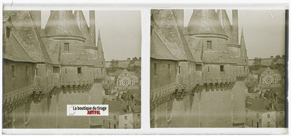 Château de Langeais, plaque verre, photo stéréoscopie, noir & blanc 6x13 cm