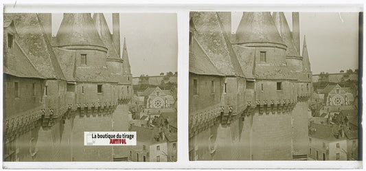 Château de Langeais, plaque verre, photo stéréoscopie, noir & blanc 6x13 cm
