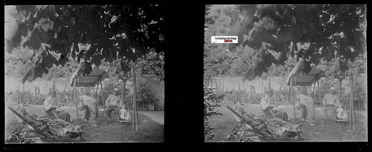 Jardin, famille, Plaque verre photo stéréo, négatif noir & blanc 4,5x10,7 cm