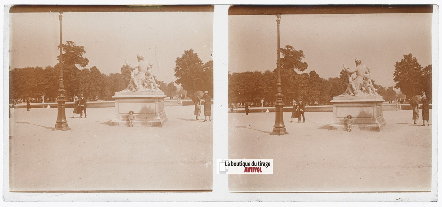 Jardin des Tuileries Paris, plaque verre, photo ancienne stéréo, N&B 6x13 cm