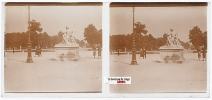 Jardin des Tuileries Paris, plaque verre, photo ancienne stéréo, N&B 6x13 cm