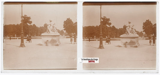 Jardin des Tuileries Paris, plaque verre, photo ancienne stéréo, N&B 6x13 cm
