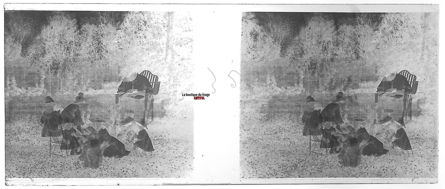 Scène de vie jardin, Plaque verre photo stéréo, négatif noir & blanc 4,5x10,7 cm