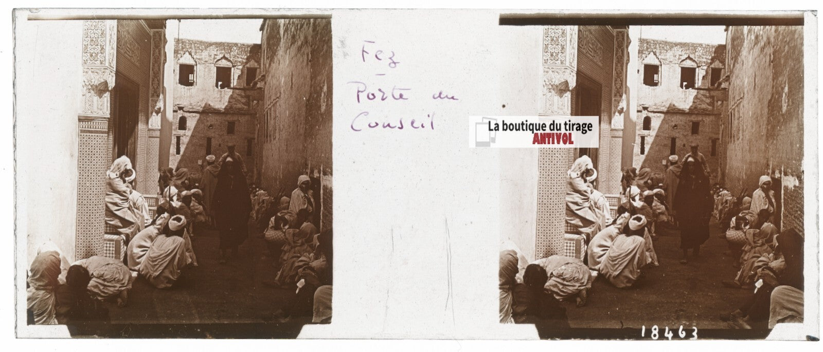 Fès, Maroc, Plaque verre stéréoscopie, positif sépia 4,5x10,7 cm