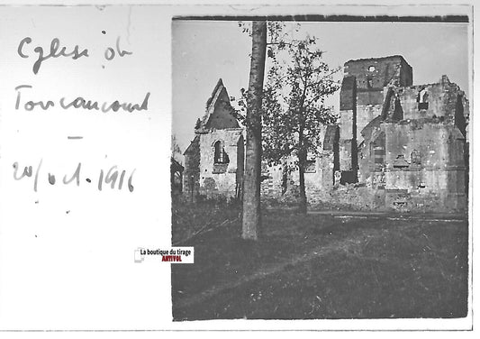 Foucaucourt église, Plaque verre stéréo positif ancien noir & blanc 4,5x10,7 cm