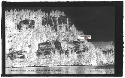 Plaque verre photo négatif noir & blanc 9x14 cm, Rocher de la Vierge, Doubs