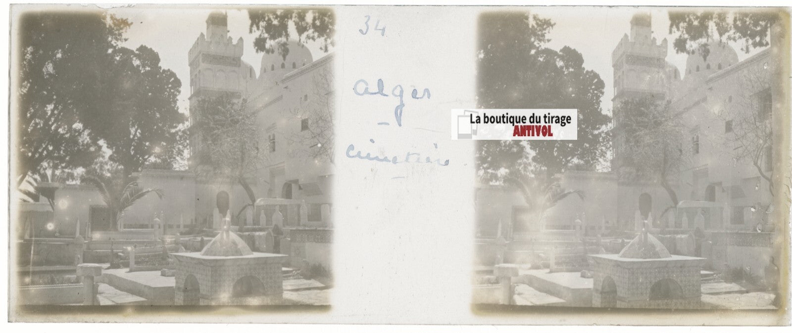 Cimetière, Alger, Algérie, Plaque verre stéréo, positif noir & blanc 4,5x10,7 cm