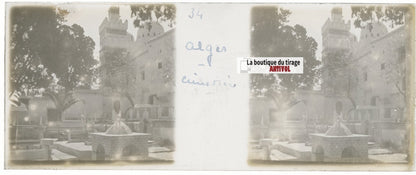 Cimetière, Alger, Algérie, Plaque verre stéréo, positif noir & blanc 4,5x10,7 cm