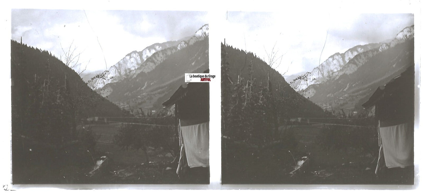 Montagne, neige, Plaque verre photo stéréo, positif noir & blanc 6x13 cm