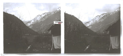Montagne, neige, Plaque verre photo stéréo, positif noir & blanc 6x13 cm