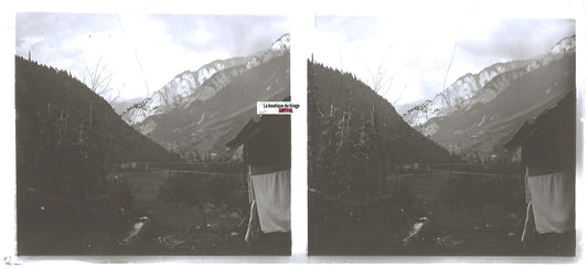 Montagne, neige, Plaque verre photo stéréo, positif noir & blanc 6x13 cm