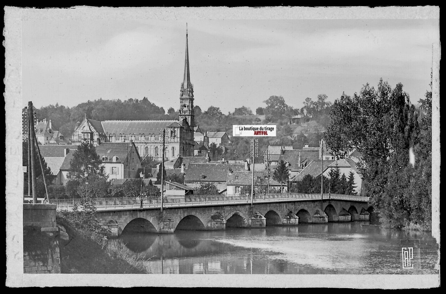 Plaque verre photo vintage négatif noir & blanc 9x14 cm Montbéliard, pont