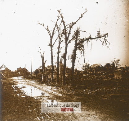 Assevillers, Somme, guerre WW1, plaque verre photo ancienne stéréo 6x13 cm