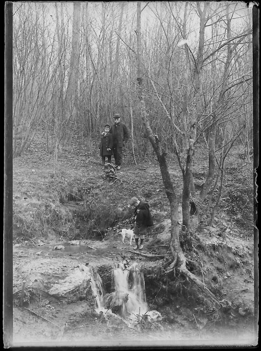 Plaque verre photo négatif noir et blanc 6x9 cm promenade chien rivière vintage 