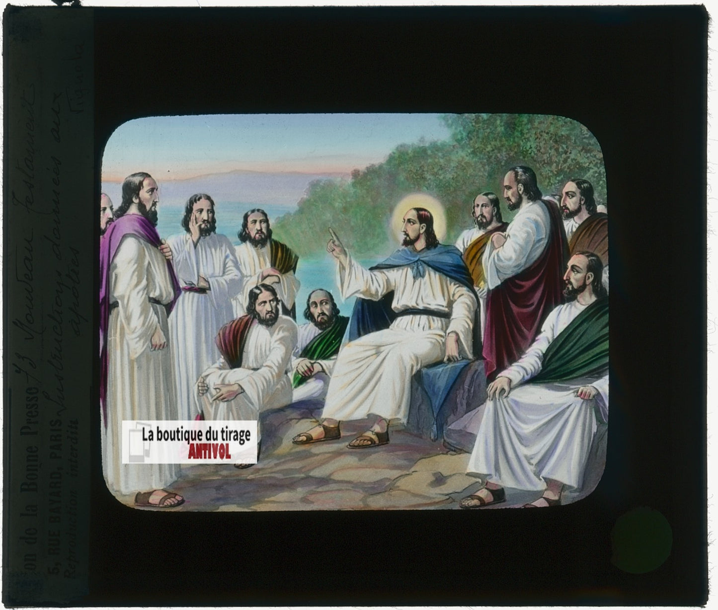 Instructions aux apôtres, dessin, plaque verre ancienne, couleur 8,5x10 cm