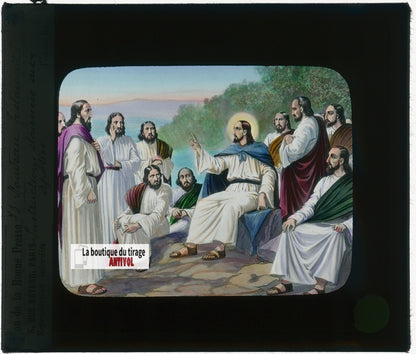 Instructions aux apôtres, dessin, plaque verre ancienne, couleur 8,5x10 cm