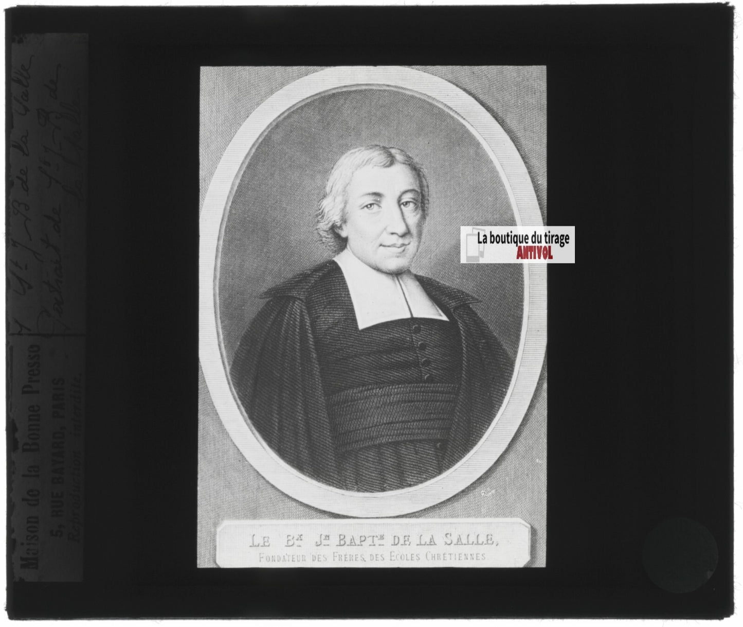 Jean-Baptiste de La Salle, dessin, ancienne plaque de verre, positif 8,5x10 cm