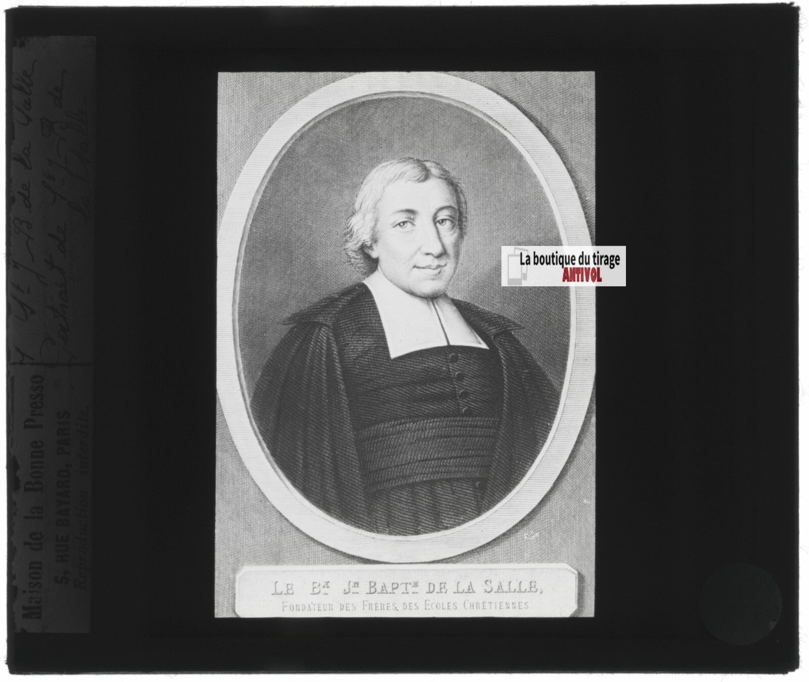 Jean-Baptiste de La Salle, dessin, ancienne plaque de verre, positif 8,5x10 cm