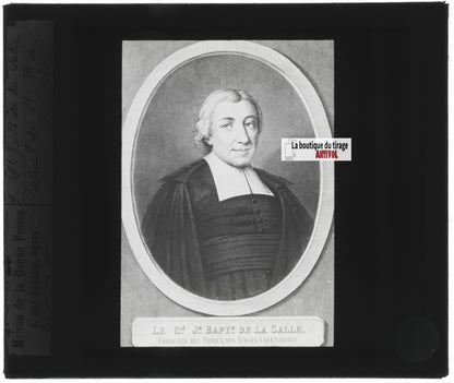 Jean-Baptiste de La Salle, dessin, ancienne plaque de verre, positif 8,5x10 cm