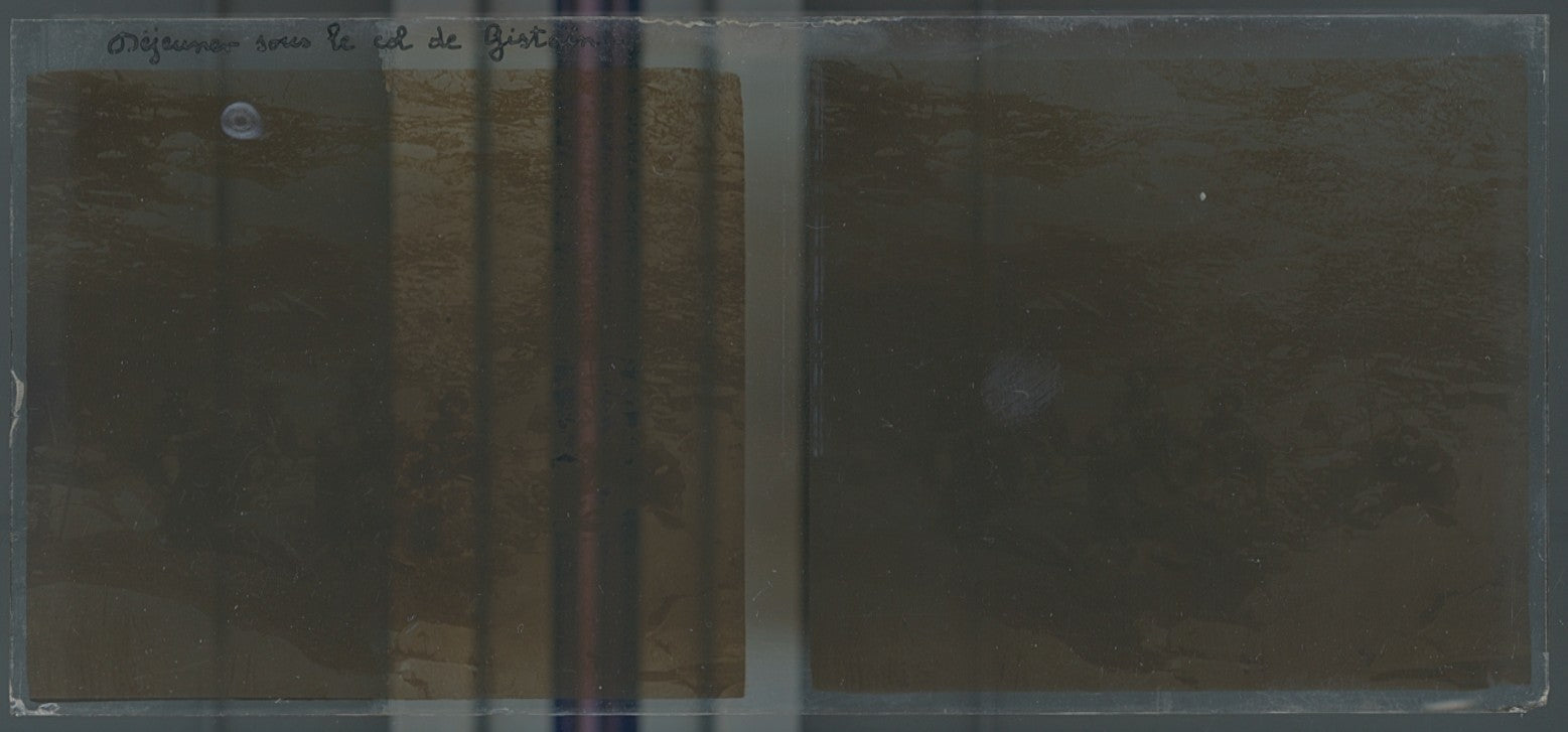 Col de Gistain, Pyrénées, plaque verre, photo ancienne stéréo, sépia 6x13 cm
