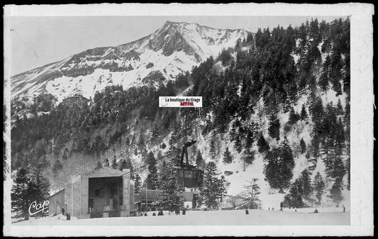 Plaque verre photo négatif noir & blanc 9x14 cm, Mont-Dore, téléphérique Sancy