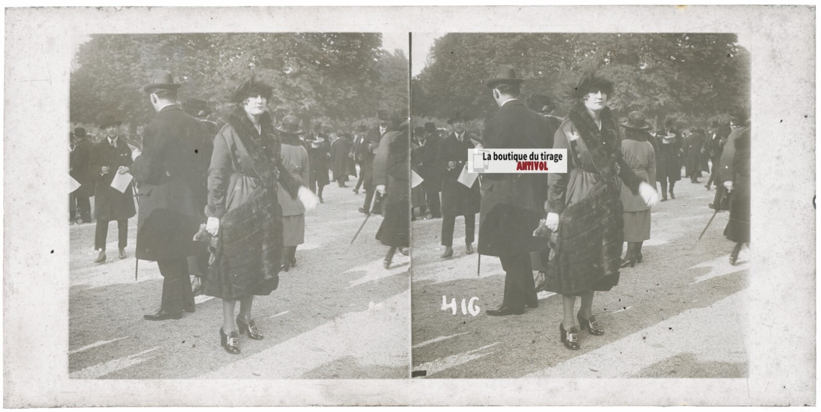 Scène de vie, Longchamp, Paris, plaque verre stéréoscopique, positif 8,5x17 cm