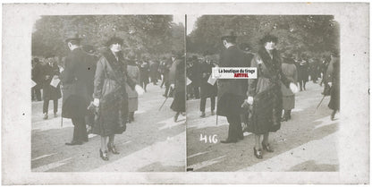 Scène de vie, Longchamp, Paris, plaque verre stéréoscopique, positif 8,5x17 cm