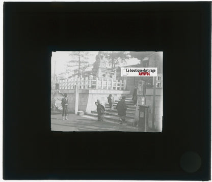 Yokohama, Japon, temple, photo plaque verre, noir & blanc, positif 8,5x10 cm