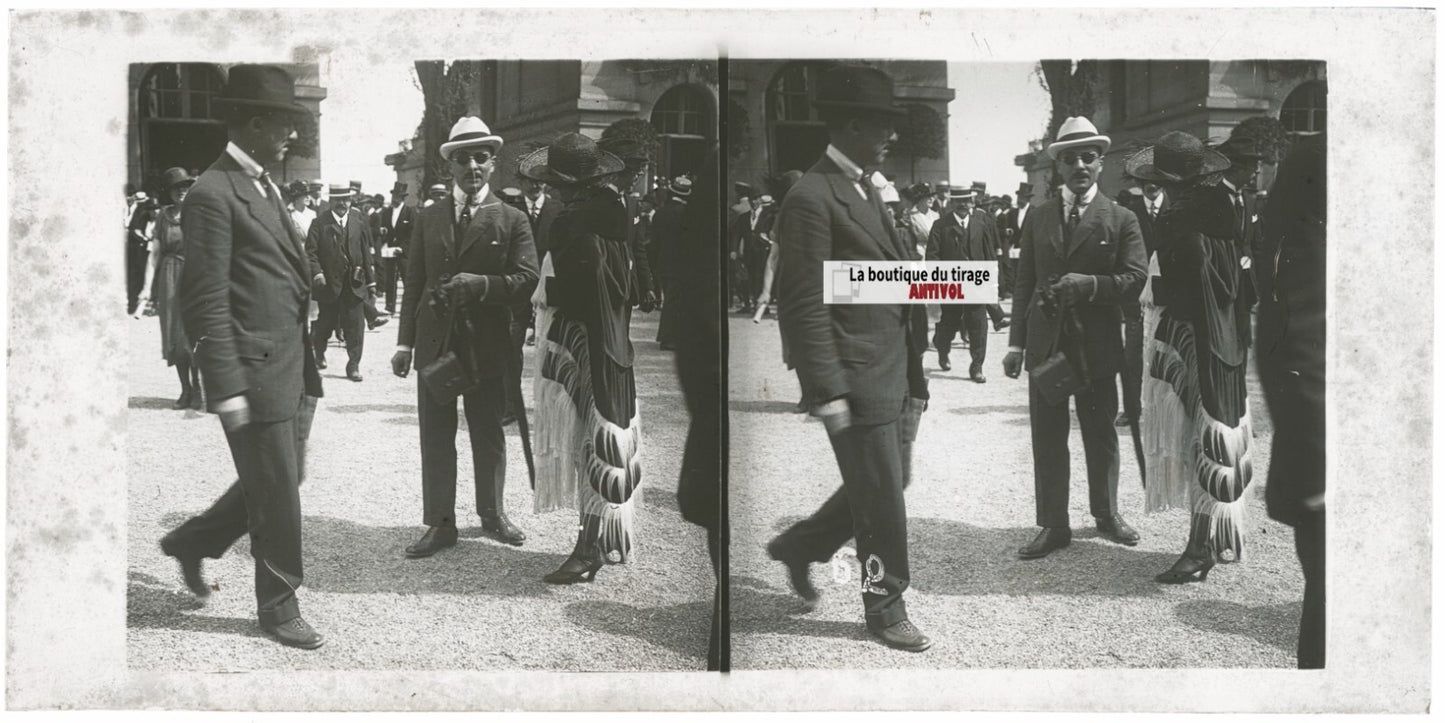 Scène de vie, Longchamp, Paris, plaque verre stéréoscopique, positif 8,5x17 cm