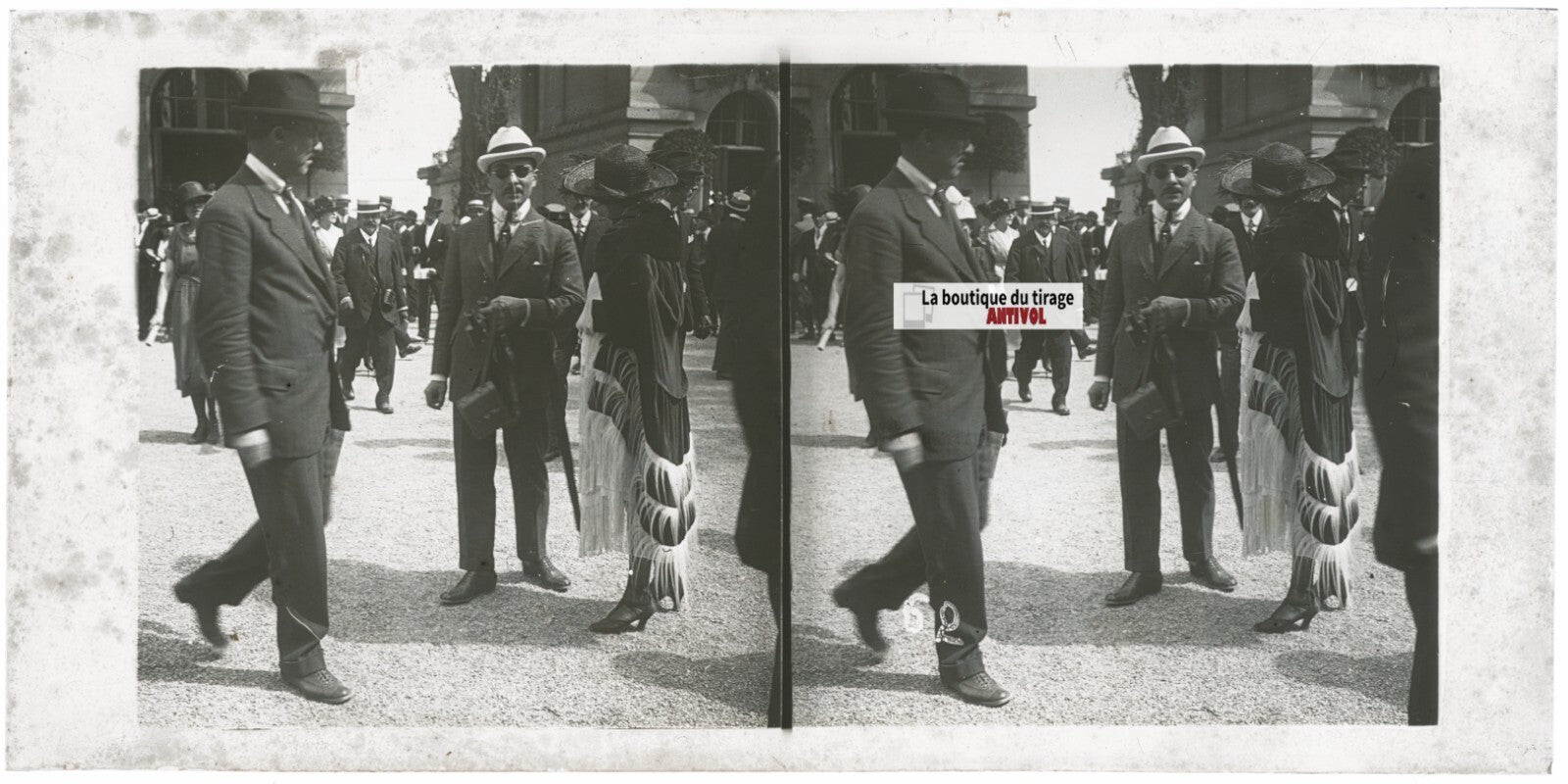 Scène de vie, Longchamp, Paris, plaque verre stéréoscopique, positif 8,5x17 cm