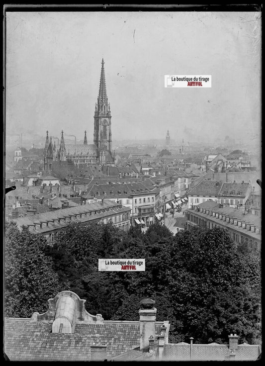 Plaque verre photo négatif noir et blanc 13x18 cm Mulhouse centre-ville France