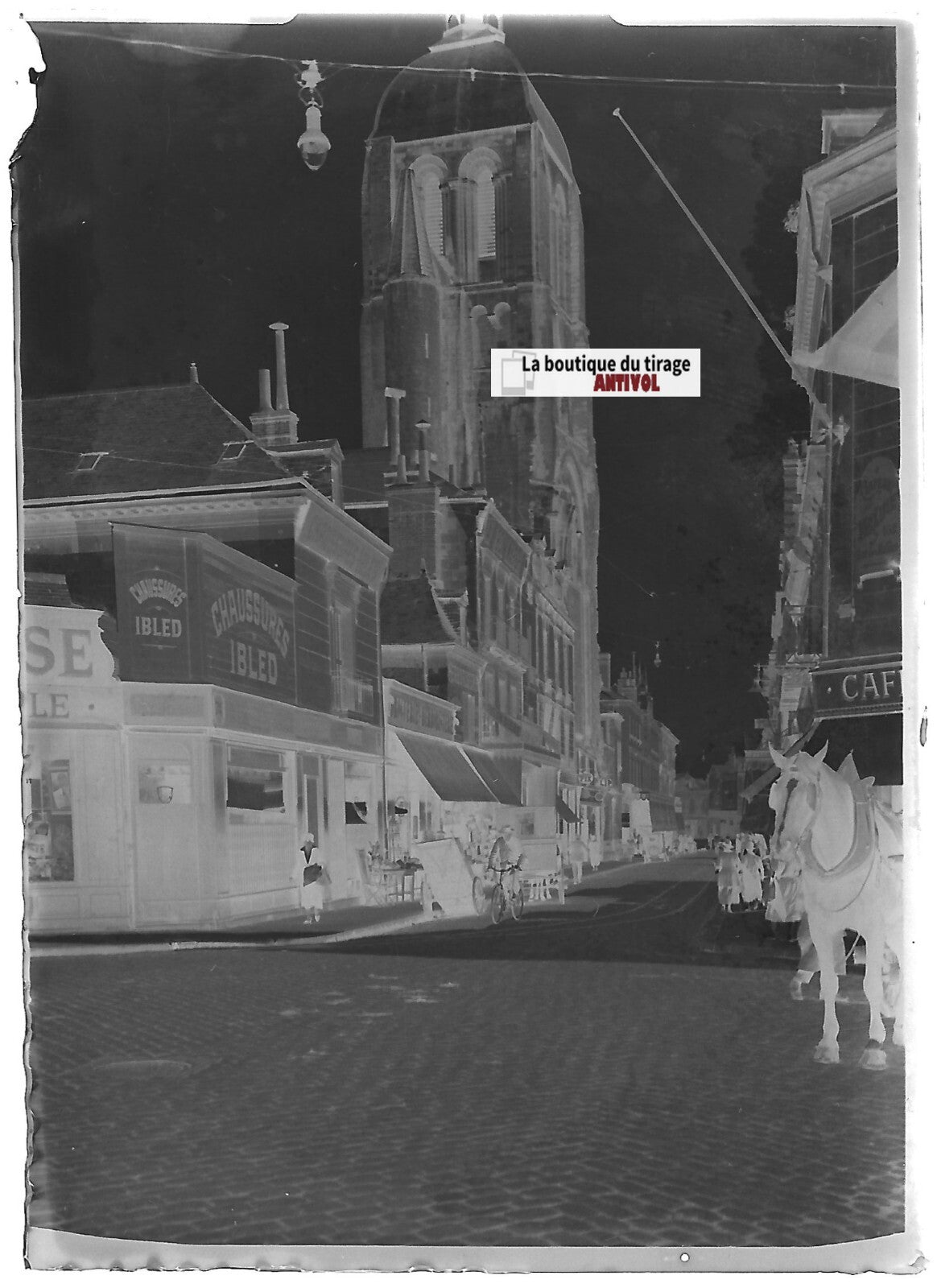 Tours, rue des Halles, horloge, Plaque verre photo, négatif noir & blanc 6x9 cm