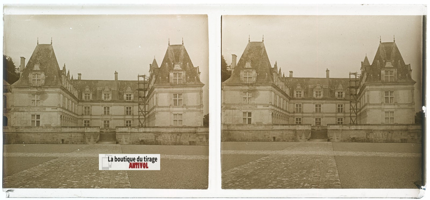 Château de Villandry, plaque verre, photo stéréoscopie, noir & blanc 6x13 cm