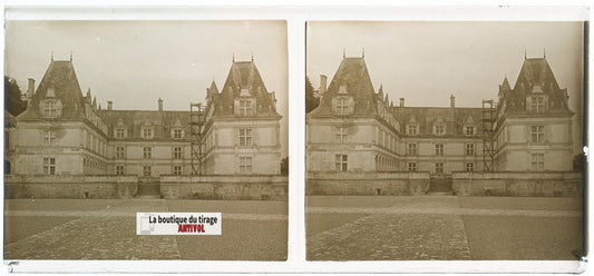 Château de Villandry, plaque verre, photo stéréoscopie, noir & blanc 6x13 cm