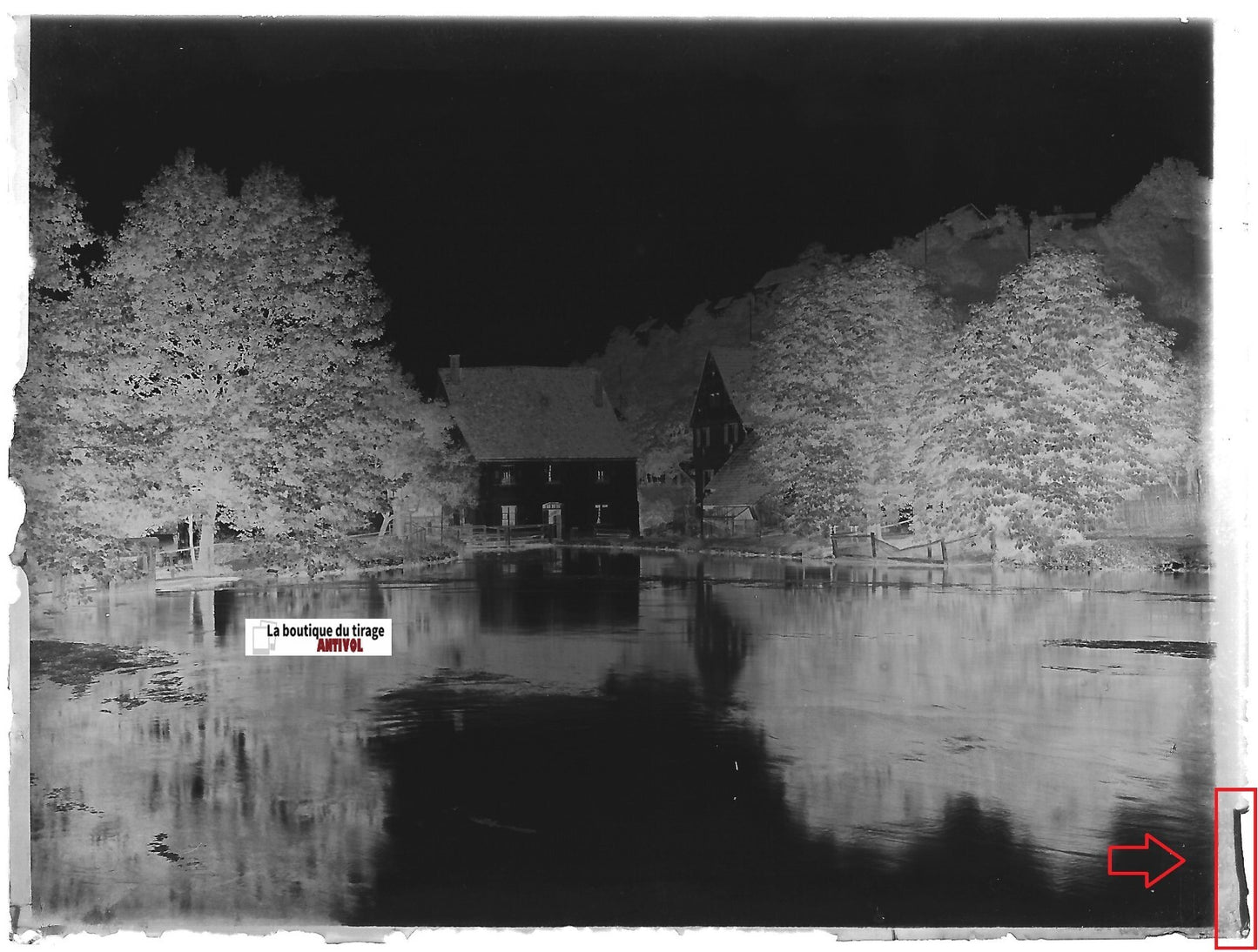 Rivière moulin, paysage, Plaque verre photo, négatif ancien noir & blanc 9x12 cm