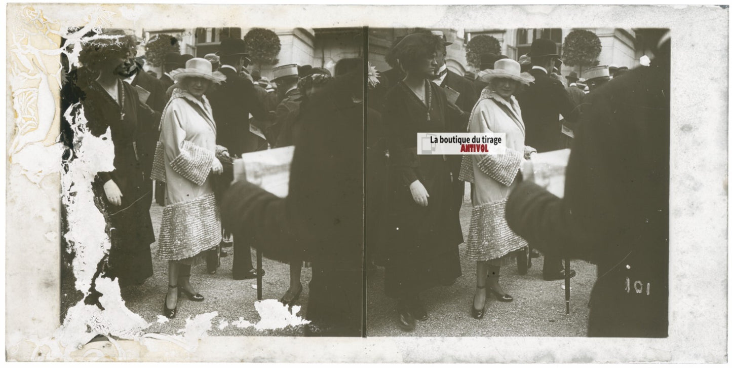 Scène de vie, Longchamp, Paris, plaque verre stéréoscopique, positif 8,5x17 cm