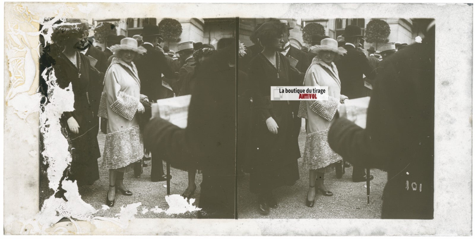 Scène de vie, Longchamp, Paris, plaque verre stéréoscopique, positif 8,5x17 cm