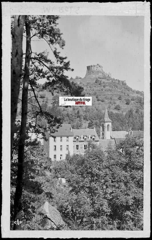 Plaque verre photo ancienne, négatif noir & blanc 9x14 cm, Murol, village