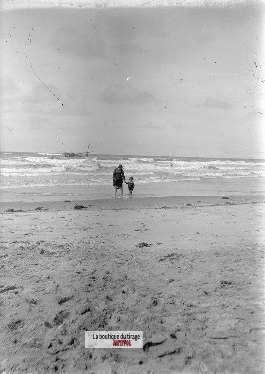 Face à la mer, Berck-Plage, plaque verre photo ancienne, négatif 9x12 cm