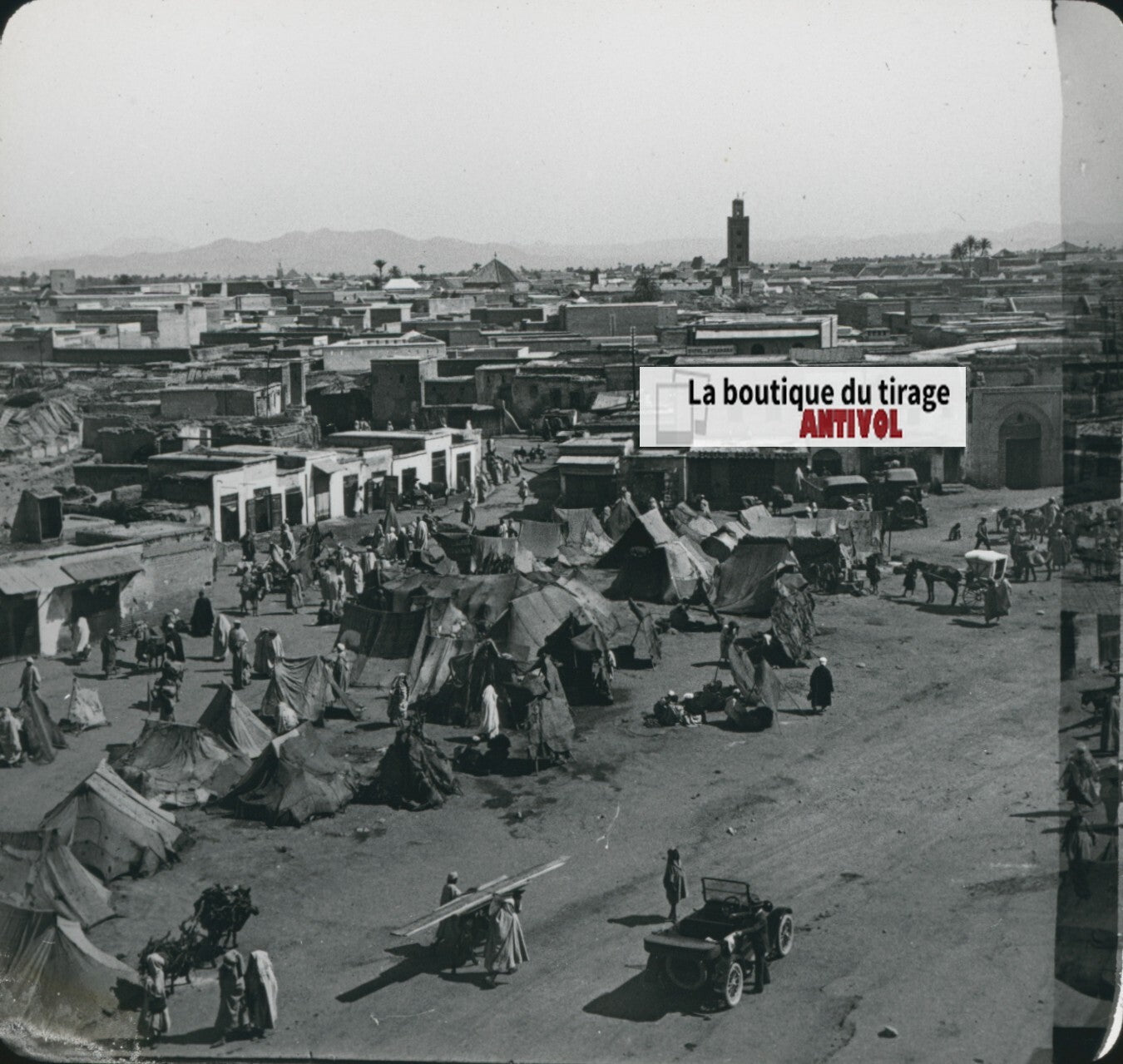 Place Jemaa el fna, Marrakech, photo ancienne plaque verre, positif 8,5x10 cm