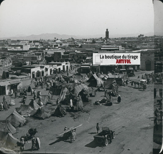 Place Jemaa el fna, Marrakech, photo ancienne plaque verre, positif 8,5x10 cm