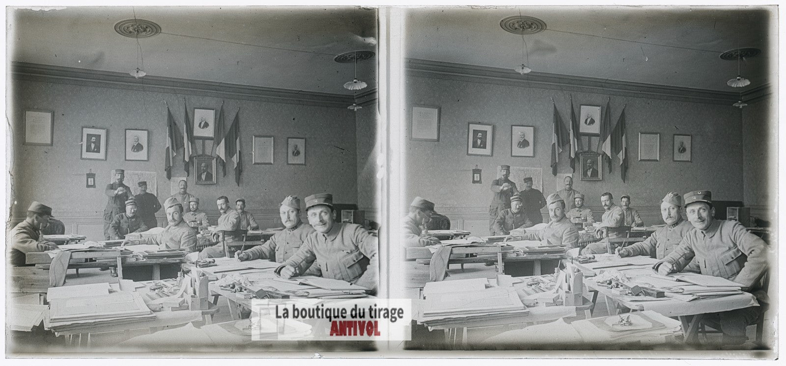 État-major français, guerre WW1, plaque verre photo ancienne stéréo 6x13 cm
