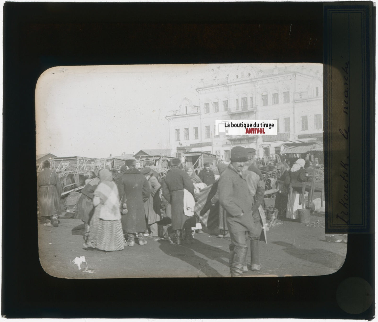 Marché Irkoutsk, Russie, photo plaque verre, noir & blanc, positif 8,5x10 cm