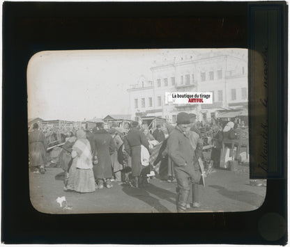 Marché Irkoutsk, Russie, photo plaque verre, noir & blanc, positif 8,5x10 cm