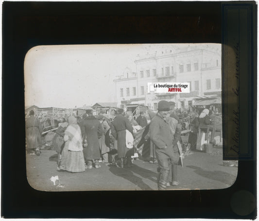 Marché Irkoutsk, Russie, photo plaque verre, noir & blanc, positif 8,5x10 cm