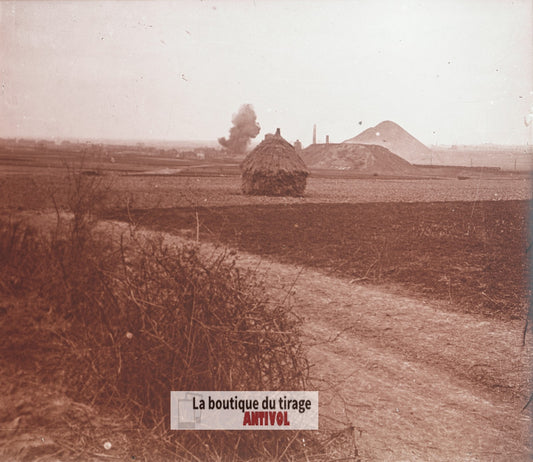 Nœux-les-Mines, bombardement guerre WW1, plaque verre stéréo, photo 4,5x10,7 cm