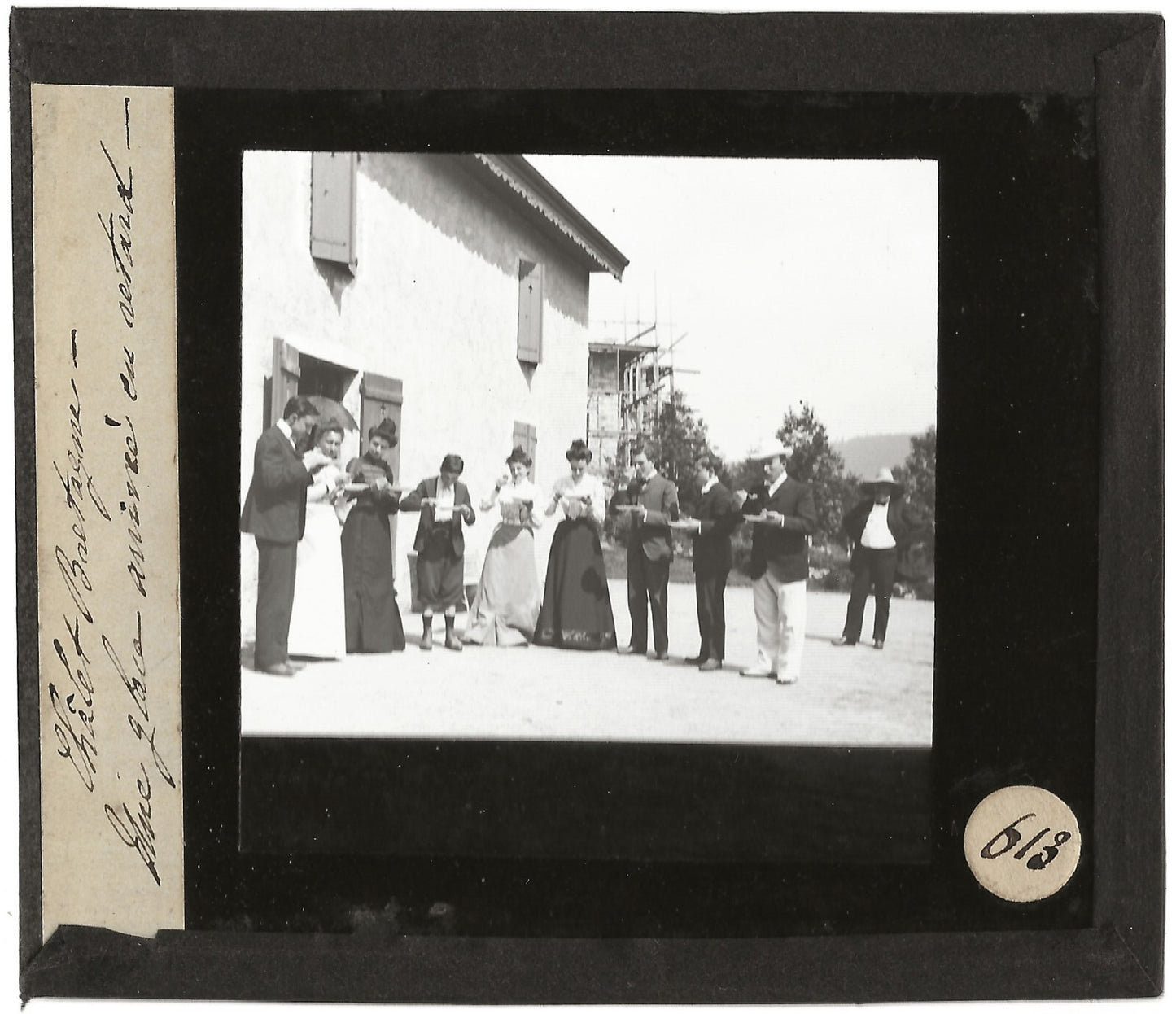 Châlet Bretagne, famille, photo ancienne plaque de verre, positif 8,5x10 cm