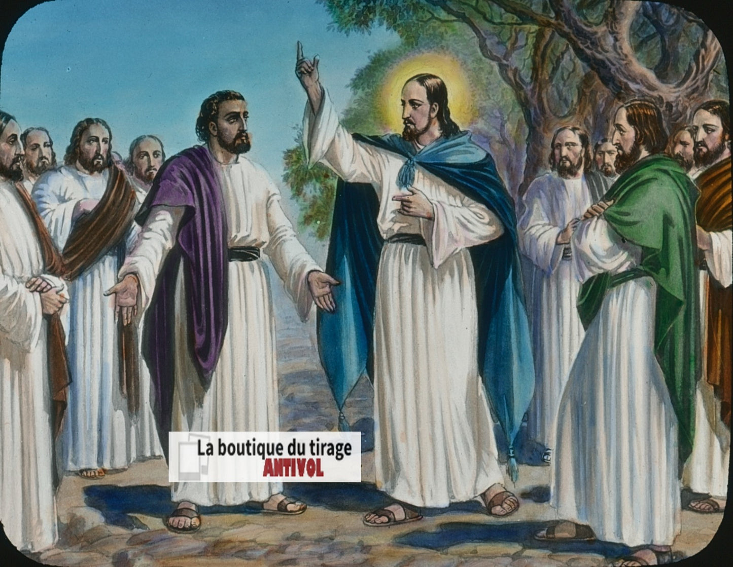 La confession de Pierre, dessin, plaque verre ancienne, couleur 8,5x10 cm